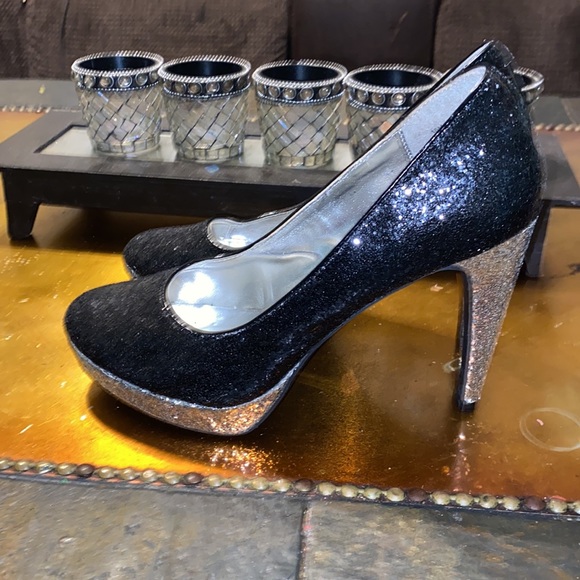 Metallic Black & Silver Glitter Sequins Heels pumps stilettos Platforms shoes - Picture 3 of 7